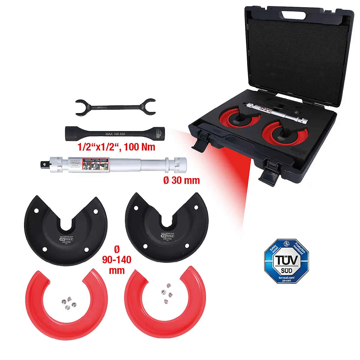 Werkzeugkoffer mit Werkzeugen: schwarzer Koffer, rote und schwarze Werkzeuge, darunter eine Ratsche und ein Drehmomentschlüssel, daneben ein TÜV-Siegel.